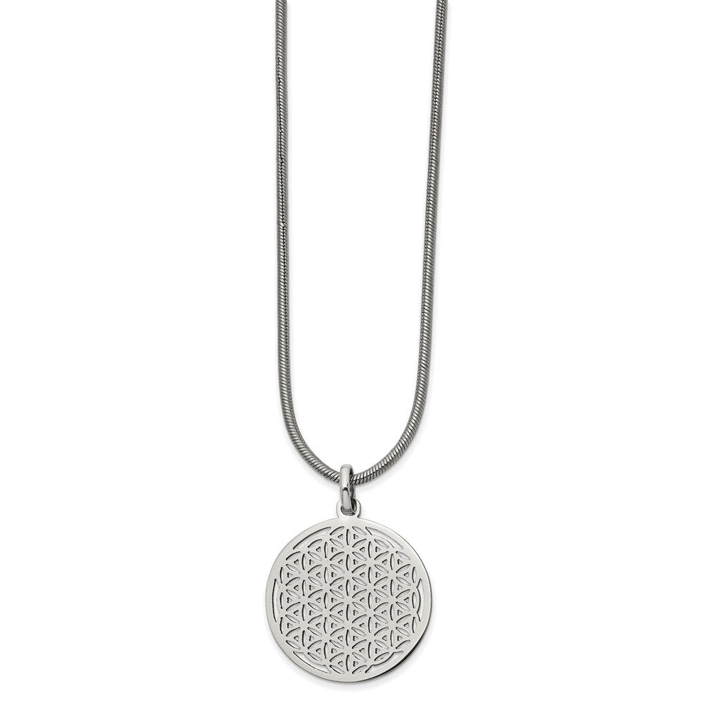 Chisel Stainless Steel Polished Flower Cut-out Small Circle Pendant on an 18 inch Snake Chain Necklace, 18 x 29.8 mm