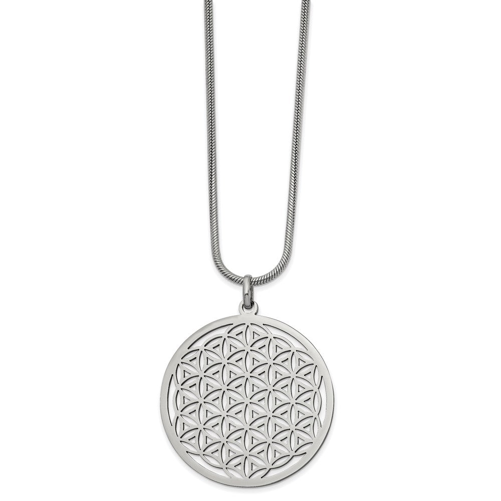 Stainless Steel Polished Flower Cut-out Large Circle 20 inch Necklace, 20 x 44.8 mm