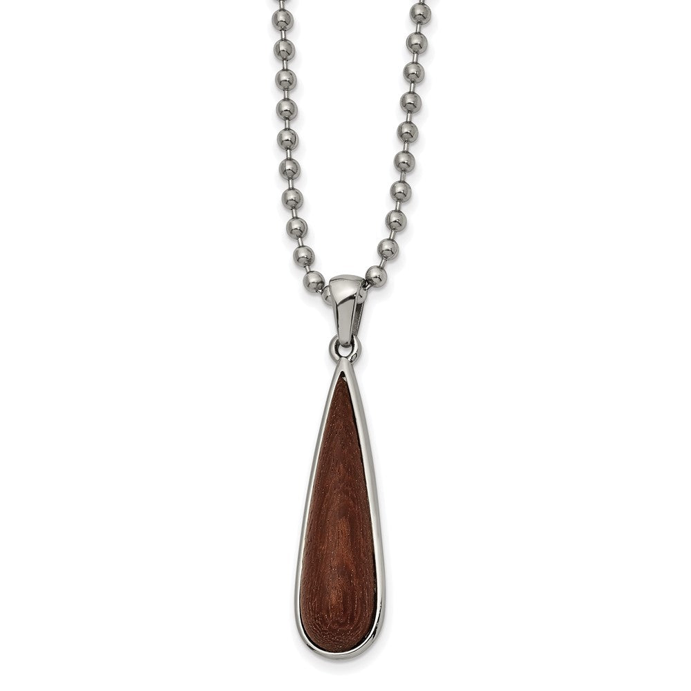 Stainless Steel Polished Wood Inlay Teardrop 24in Necklace, 24 mm