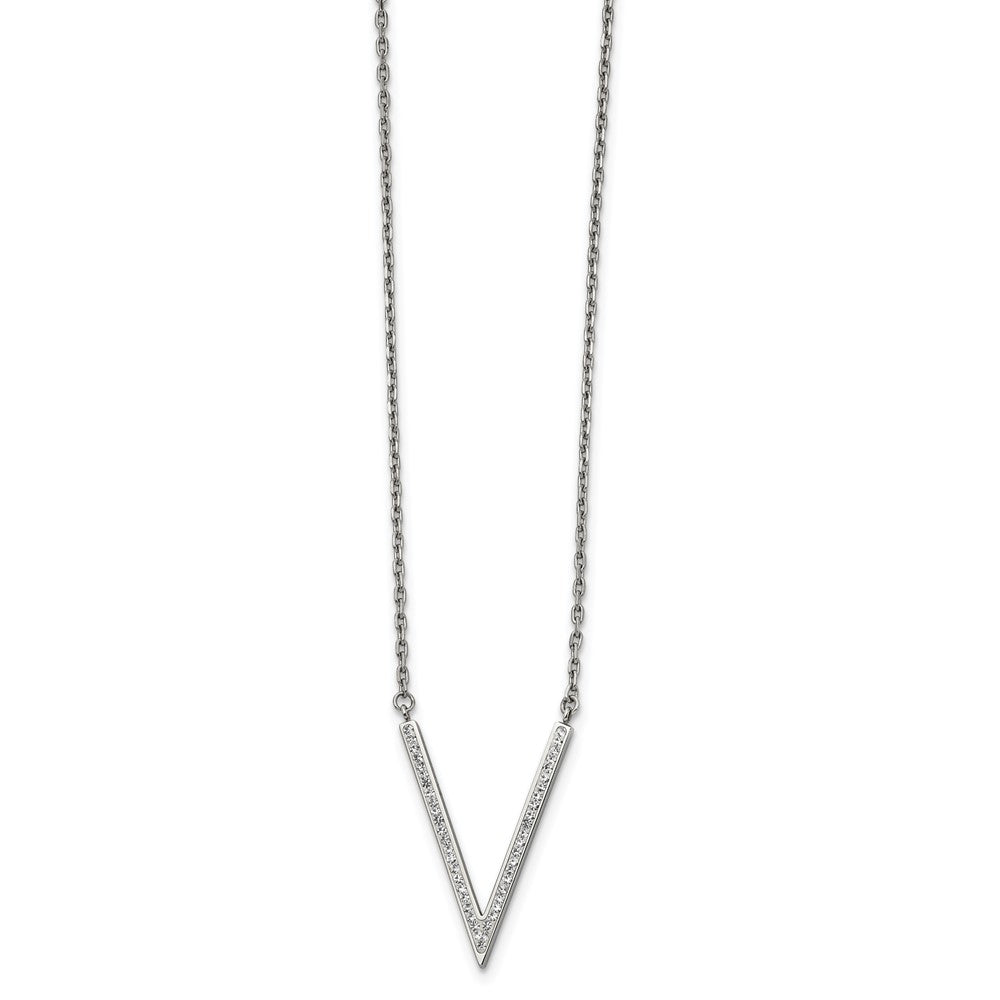 Chisel Stainless Steel Polished with Preciosa Crystal V Pendant on a 16.5 inch Cable Chain with a 1.25 inch Extension Necklace, 17.75 x 21 mm