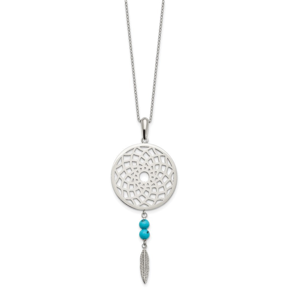 Stainless Steel Polished Imit.Turquoise Dreamcatcher w/2in ext Necklace, 18 mm