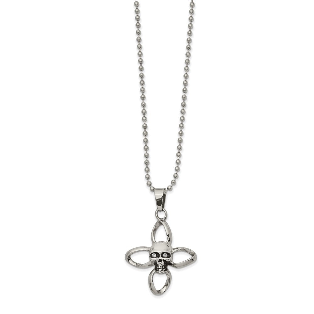 Stainless Steel Antiqued and Polished w/ CZ Skull Cross 22in Necklace, 22 mm