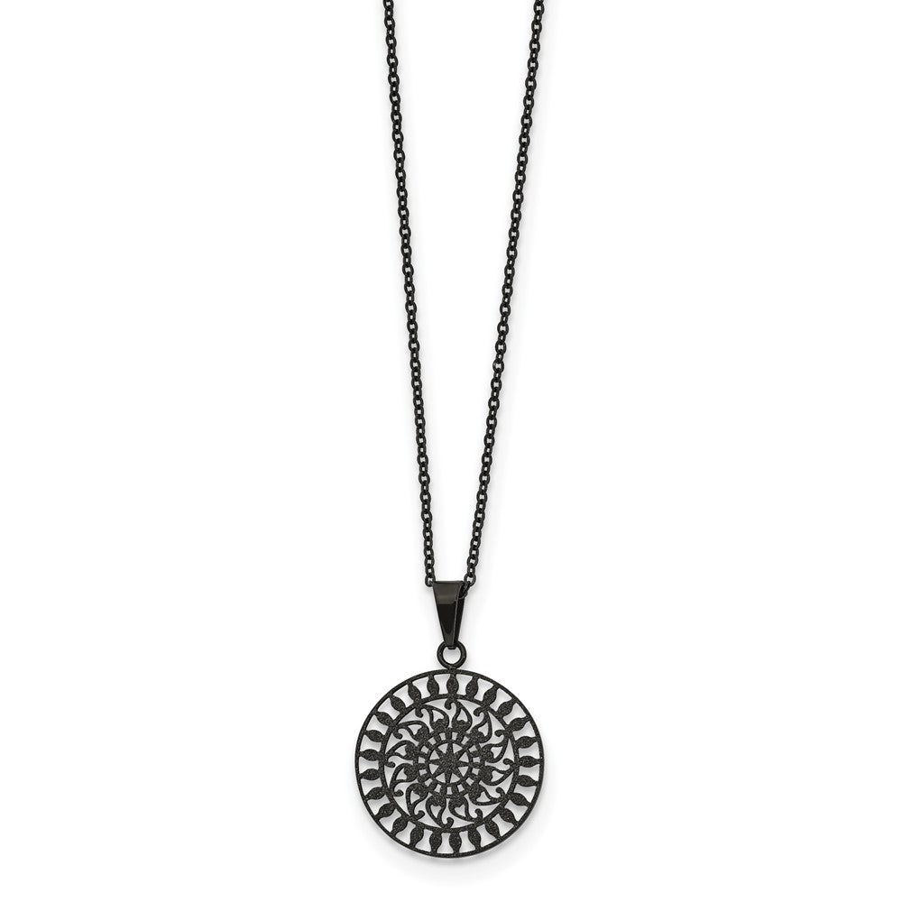 Stainless Steel Polished Black IP-plated Laser Cut 16in w/2in ext Necklace, 18 mm
