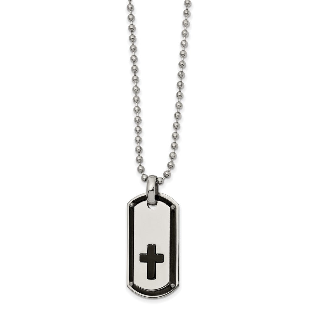 Chisel Stainless Steel Polished Black IP-plated Cross Dog Tag on a 22 inch Ball Chain Necklace, 22 x 16.7 mm