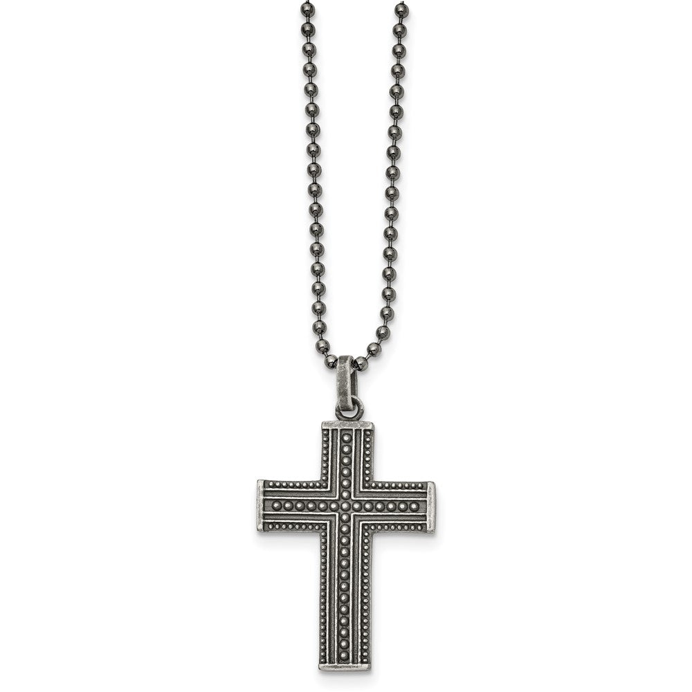 Chisel Stainless Steel Antiqued and Polished Gun Metal IP-plated Cross Pendant on a 22 inch Ball Chain Necklace, 22 x 29.81 mm