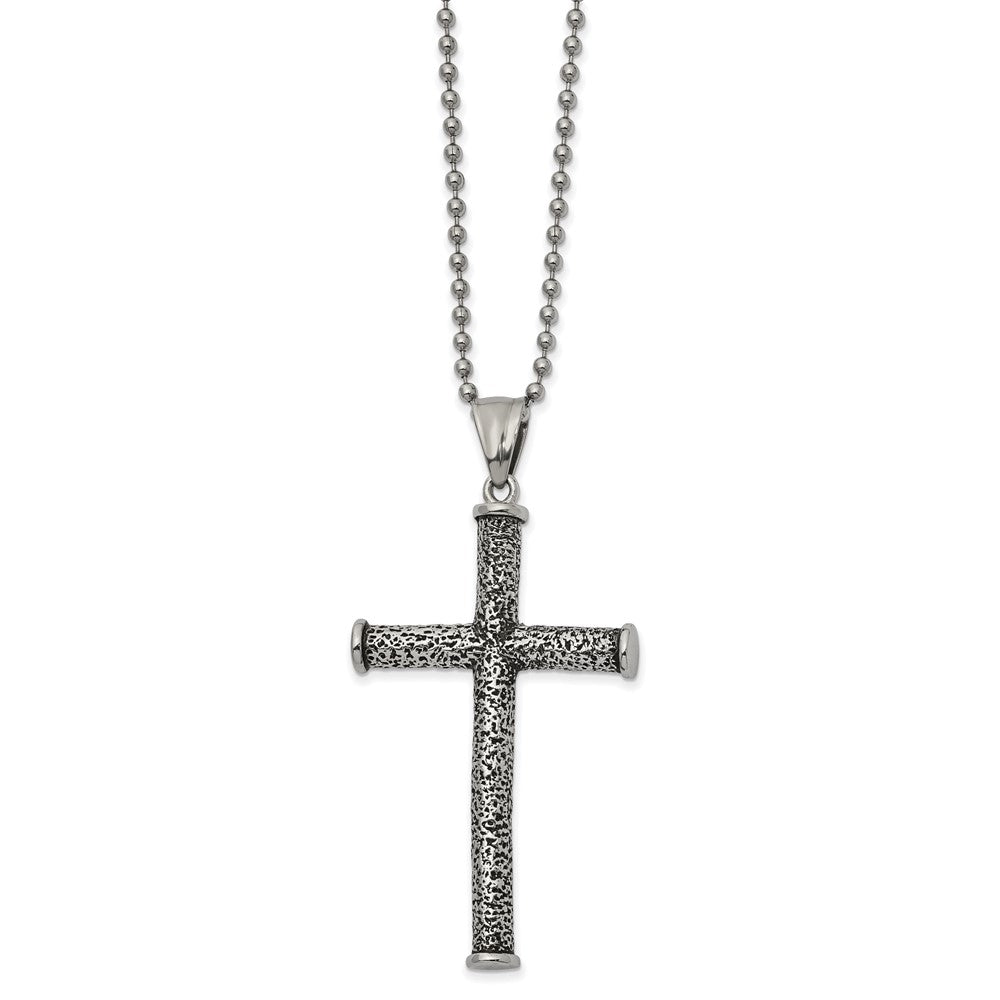 Chisel Stainless Steel Antiqued Polished and Textured Cross Pendant on a 22 inch Ball Chain Necklace, 22 x 34.86 mm