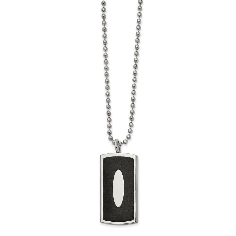 Stainless Steel Polished w/Black Leather Inlay Dog Tag 22in Necklace, 22 mm
