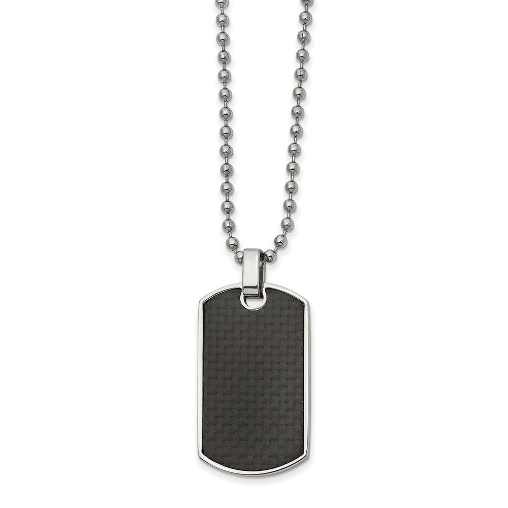 Chisel Stainless Steel Polished Black Carbon Fiber and Wood Inlay Reversible Dog Tag on a 22 in Ball Chain Necklace, 22 x 19.89 mm