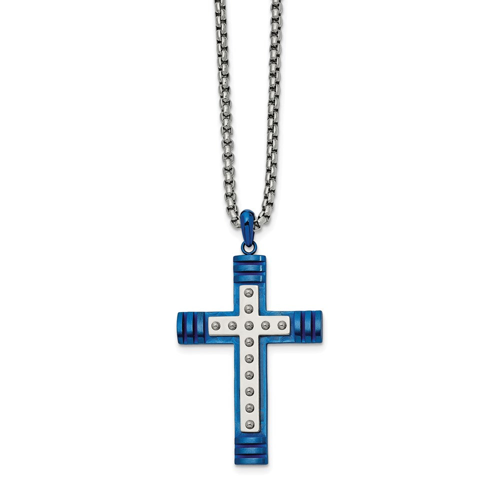 Chisel Stainless Steel Polished Blue IP-plated Cross Pendant on a 22 inch Box Chain Necklace, 22 x 29.75 mm