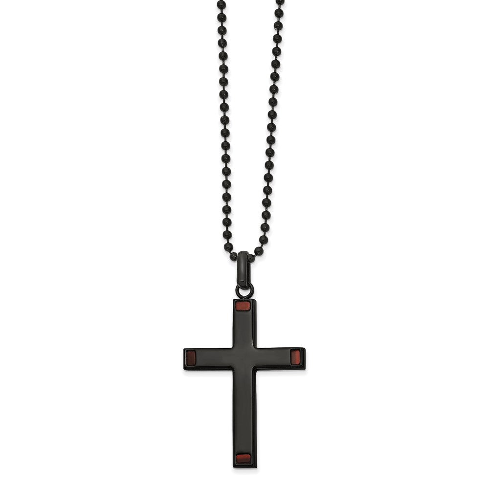 Chisel Stainless Steel Polished Black IP-plated with Tiger's Eye Cross Pendant on a 22 inch Ball Chain Necklace, 22 x 31.88 mm