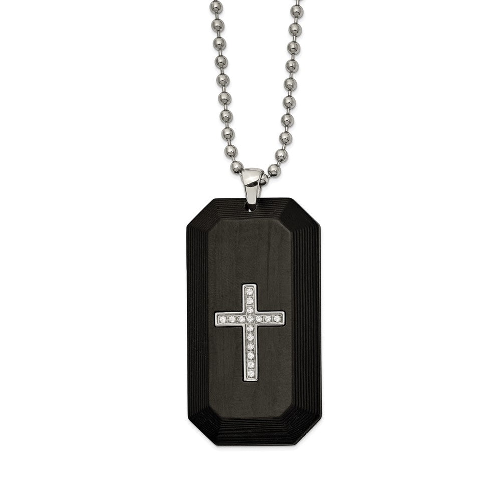 Chisel Stainless Steel Polished Solid Carbon Fiber with CZ Cross Dog Tag on a 24 inch Ball Chain Necklace, 24 x 24.06 mm