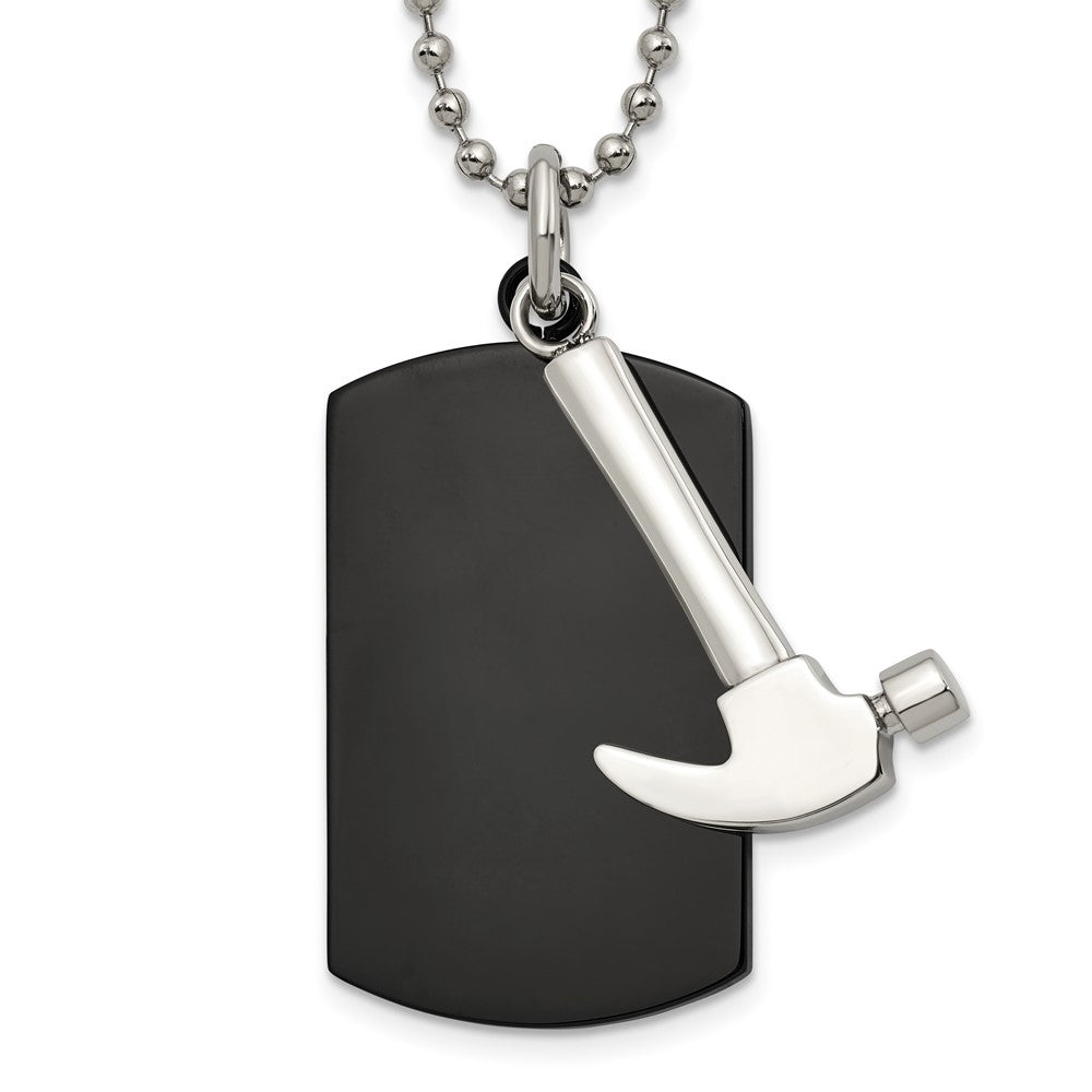 Chisel Stainless Steel Polished Black IP-plated Dog Tag with Hammer Pendant on a 24 inch Ball Chain Necklace, 24 x 24.22 mm
