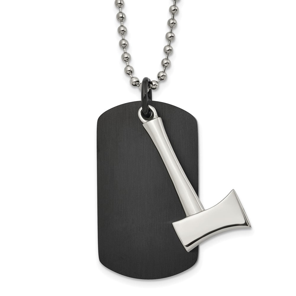 Chisel Stainless Steel Brushed and Polished Black IP-plated Dog Tag with Axe Pendant on a 24 inch Ball Chain Necklace, 24 x 24.65 mm