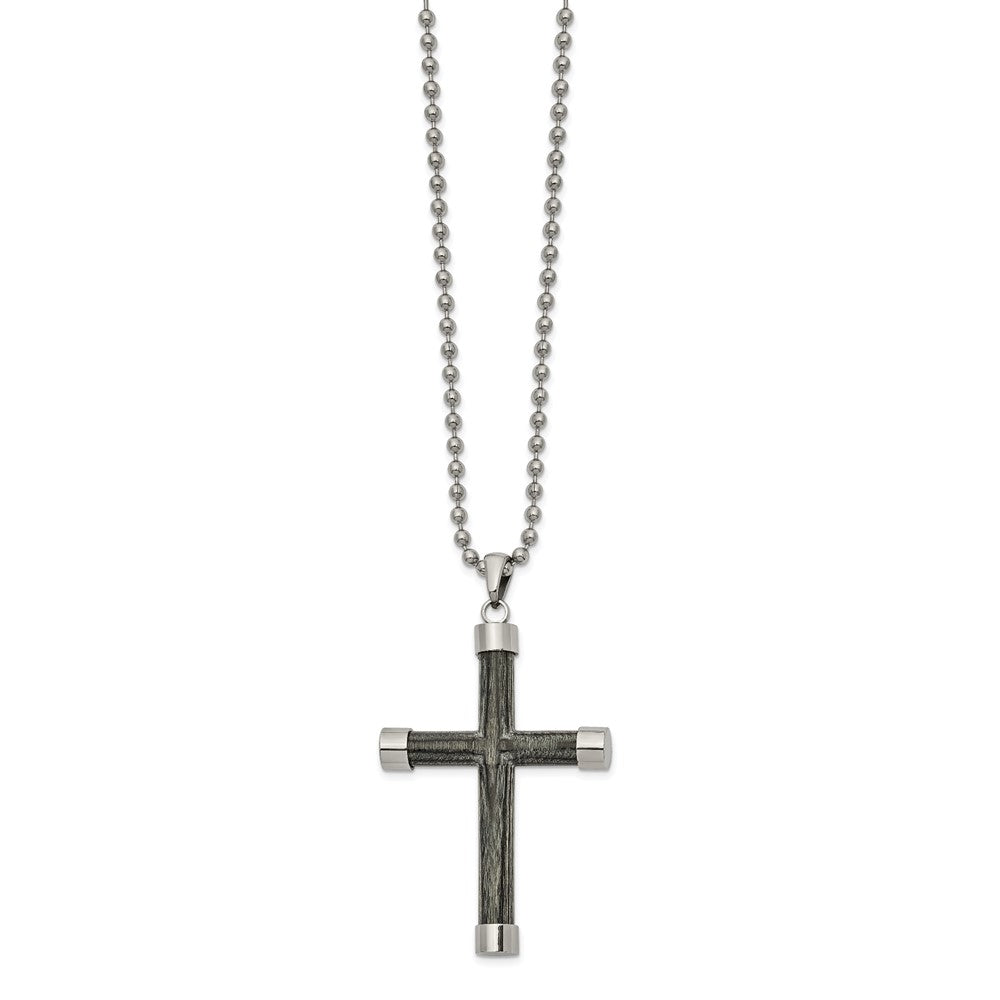 Stainless Steel Polished with Gray Wood Inlay Cross 24in Necklace, 24 x 31.17 mm