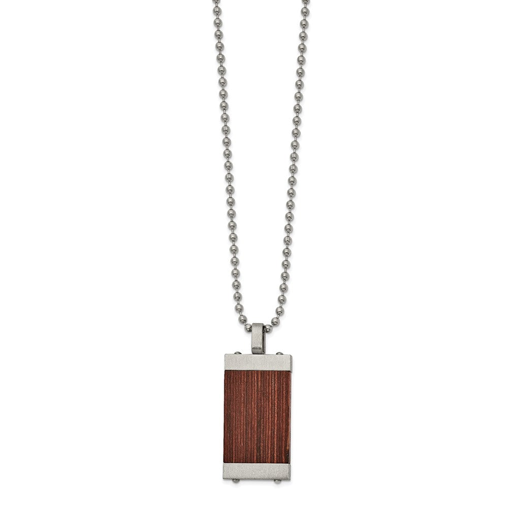 Chisel Stainless Steel Brushed with Wood Inlay Pendant on a 22 inch Ball Chain Necklace, 22 x 18.15 mm