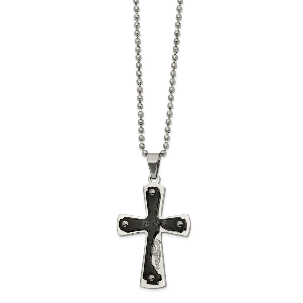 Stainless Steel Polished Black IP-plated Laser Cut JESUS Cross Necklace, 22 mm