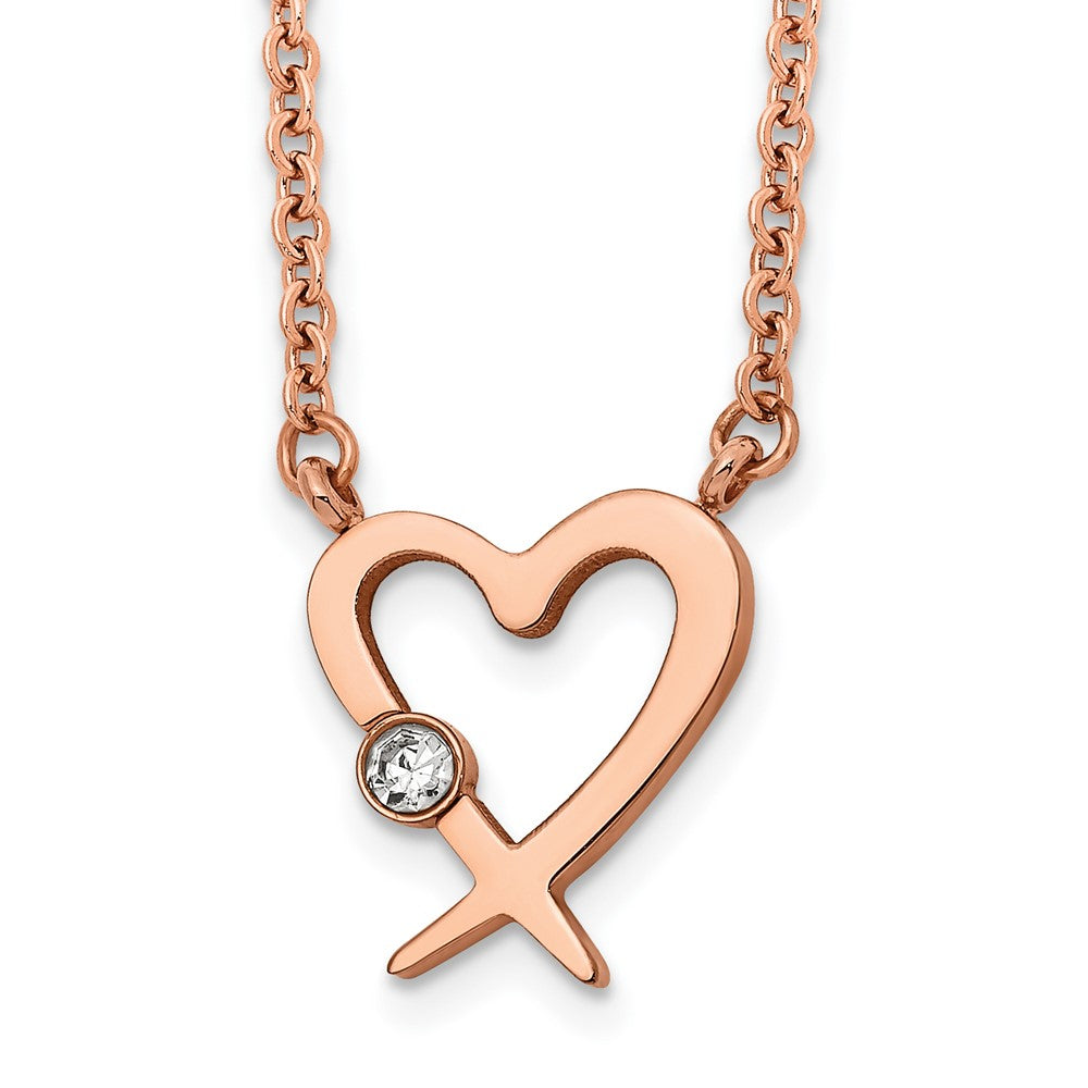 Chisel Stainless Steel Polished Rose IP-plated with Austrian Crystal Heart on a 16 inch Cable Chain with a 2 inch Extension Necklace, 18 x 12.3 mm