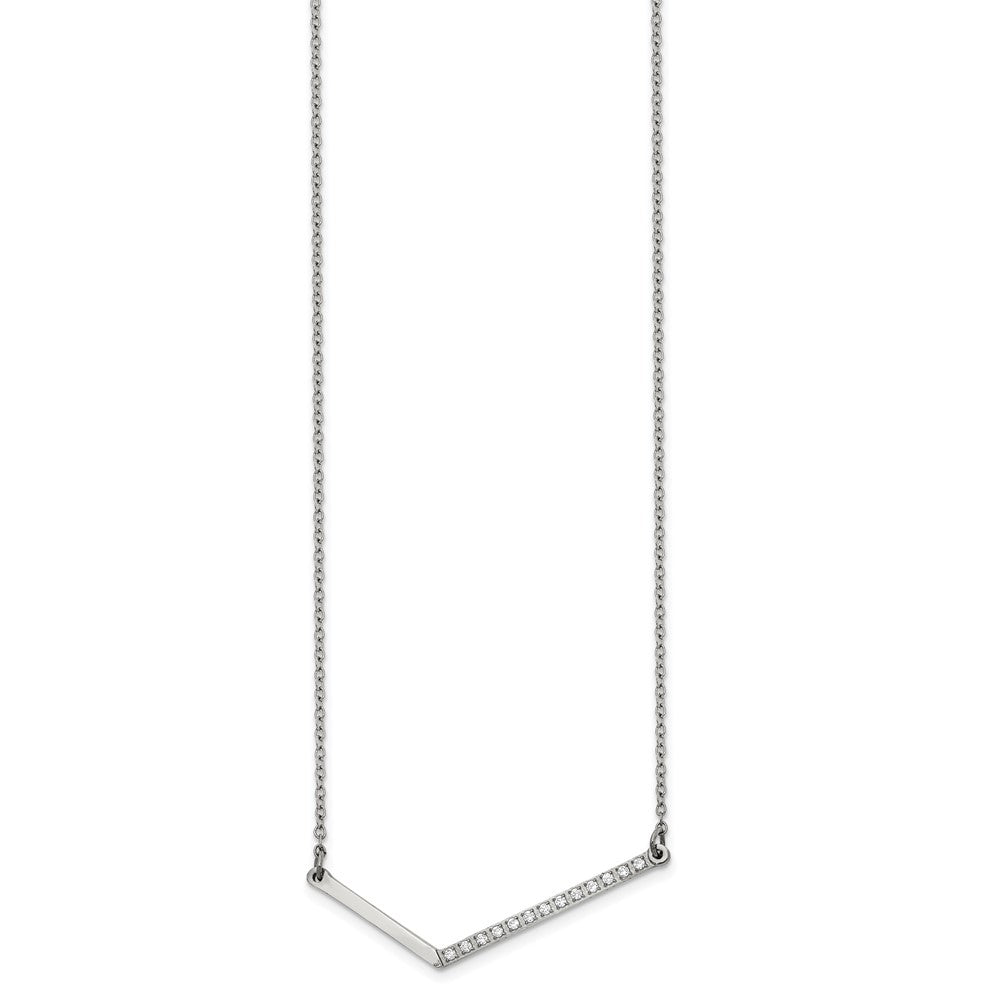 Chisel Stainless Steel Polished CZ Angled Bar on a 17.5 inch Cable Chain Necklace, 17.5 mm