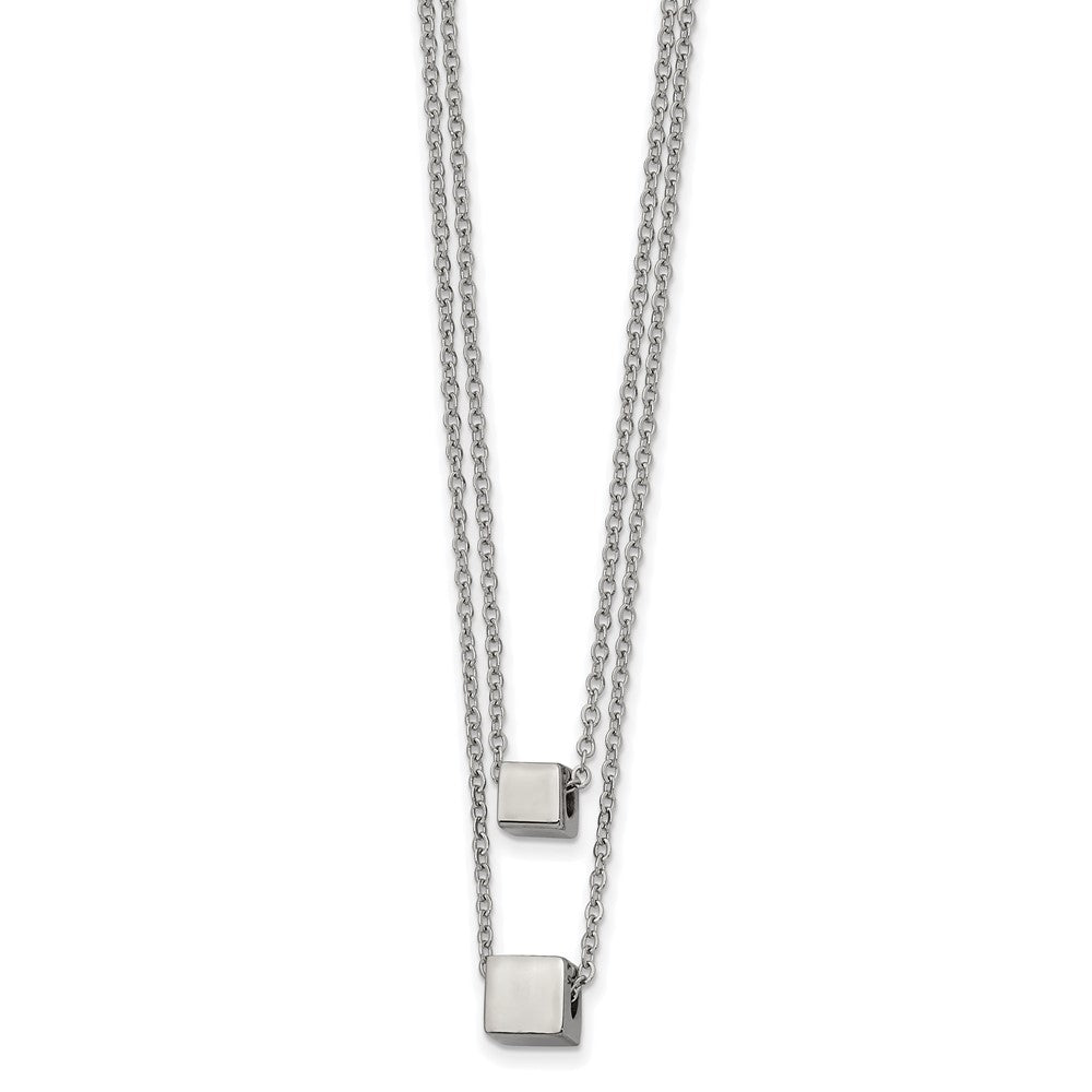 Chisel Stainless Steel Polished Square Beads on a Two Strand 17 inch Cable Chain with a 2 inch Extension Necklace, 19 x 5.95 mm