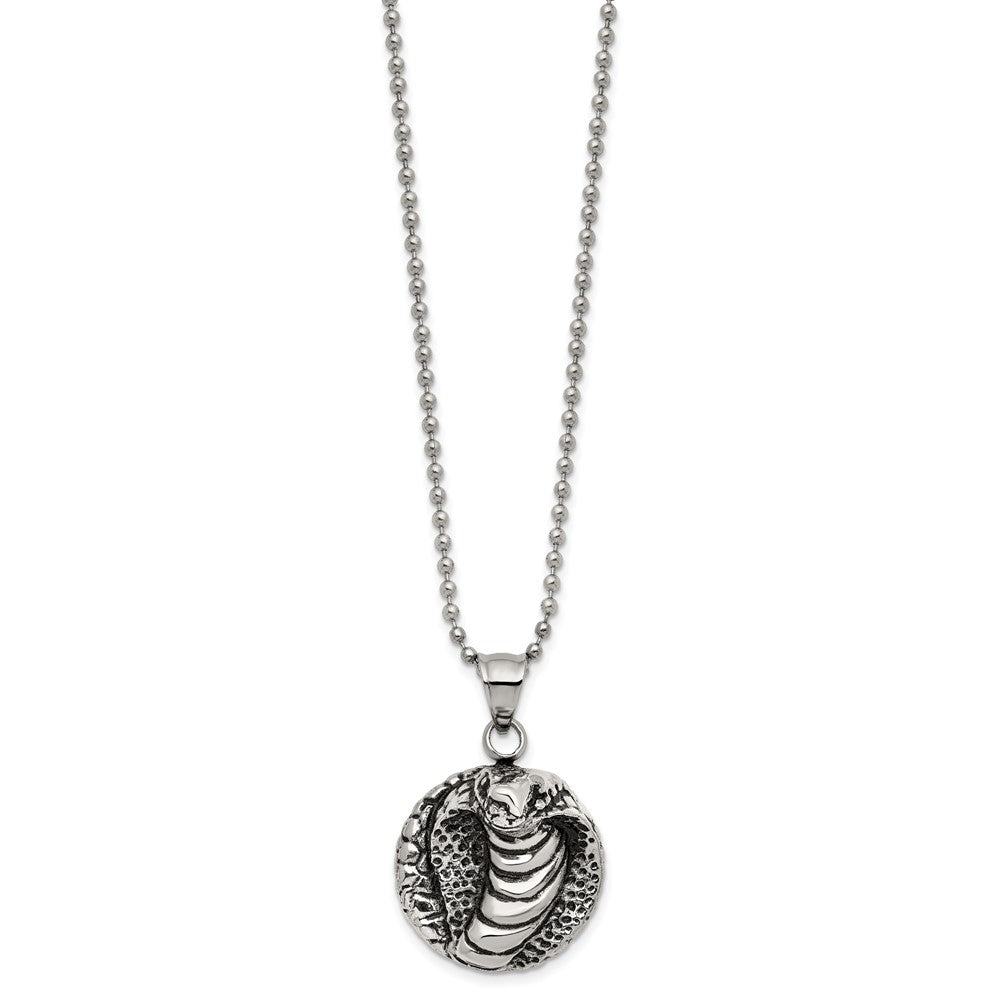 Chisel Stainless Steel Antiqued Polished and Textured Cobra Pendant on a 22 inch Ball Chain Necklace, 22 x 25.72 mm