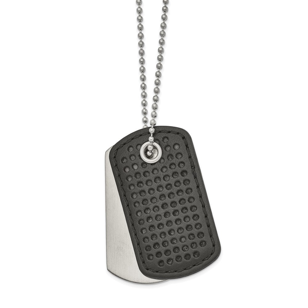 Chisel Stainless Steel Brushed Black Textured Leather 2 Piece Dog Tags on a 22 inch Ball Chain Necklace, 22 x 27.73 mm