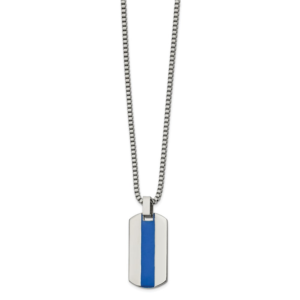 Stainless Steel Polished with Blue Enamel Dog Tag 20in Necklace, 20 mm
