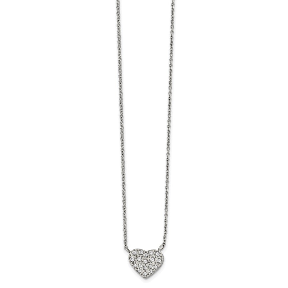 Chisel Stainless Steel Polished CZ Heart on a 17 inch Cable Chain with a 2.5 inch Extension Necklace, 19.5 x 11 mm