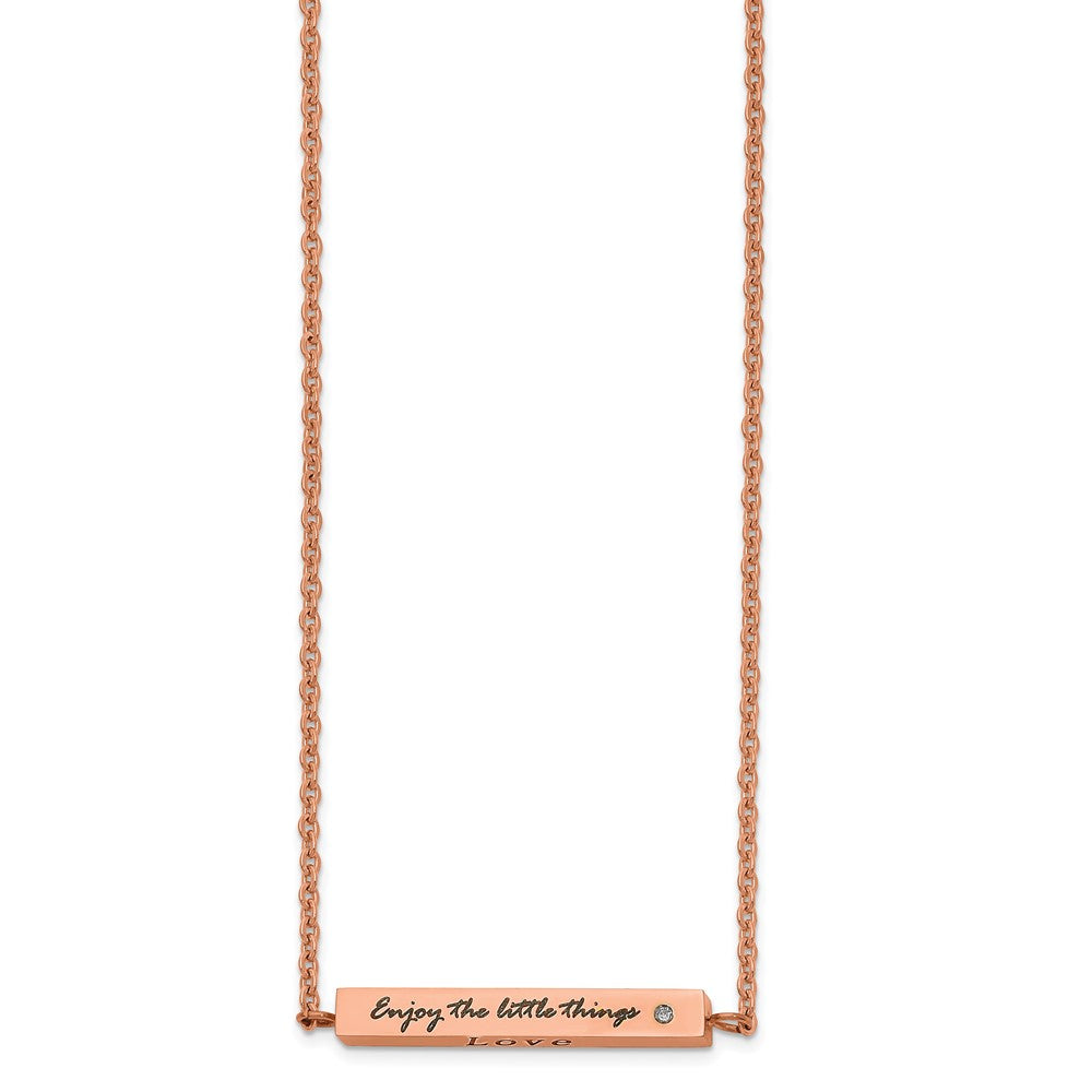 Chisel Stainless Steel Polished Rose IP-plated Enameled CZ ENJOY THE LITTLE THINGS Bar on a 16 inch Cable Chain with a 2 inch Extension Necklace, 18 mm