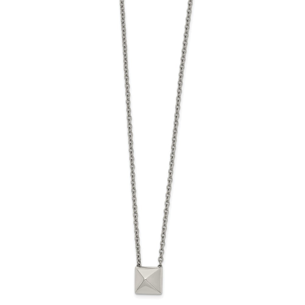 Stainless Steel Polished Pendant Square Stud 16in w/2 in ext  Necklace, 18 mm