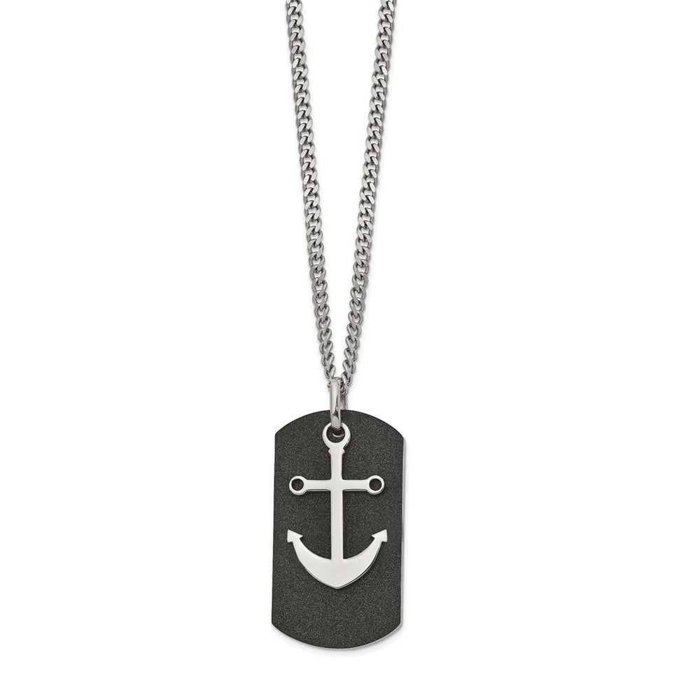 Stainless Steel Polished Black IP-plated Laser cut Anchor 22in Necklace, 22 mm