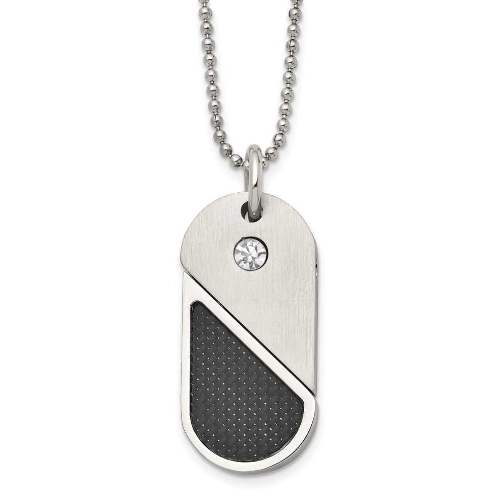 Chisel Stainless Steel Brushed and Polished with CZ and Carbon Fiber Inlay Movable DogTag/Heart Pendant on a 22 in Ball Chain Necklace, 22 x 40 mm