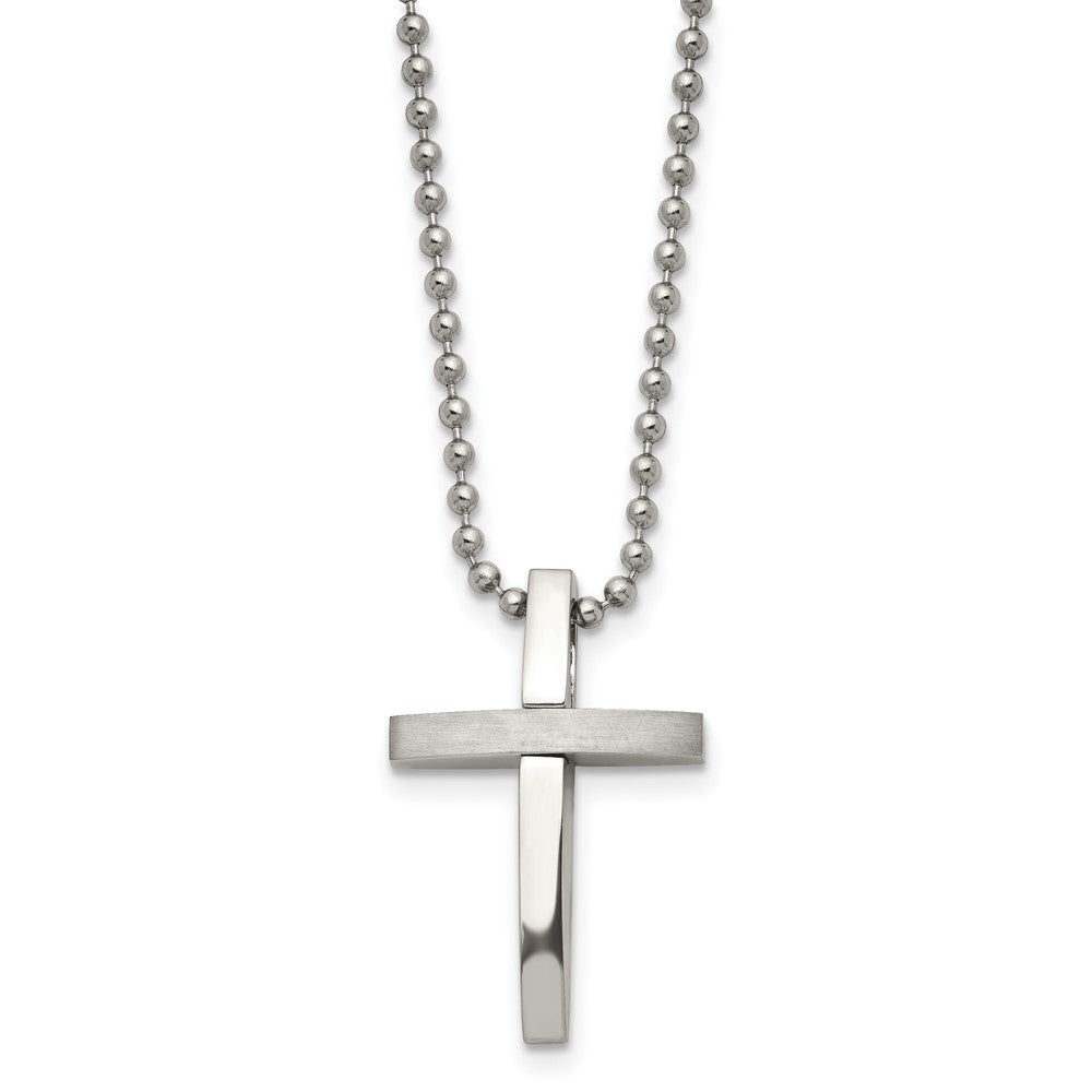 Chisel Stainless Steel Brushed and Polished Cross Pendant on an 18 inch Ball Chain Necklace, 18 x 19 mm