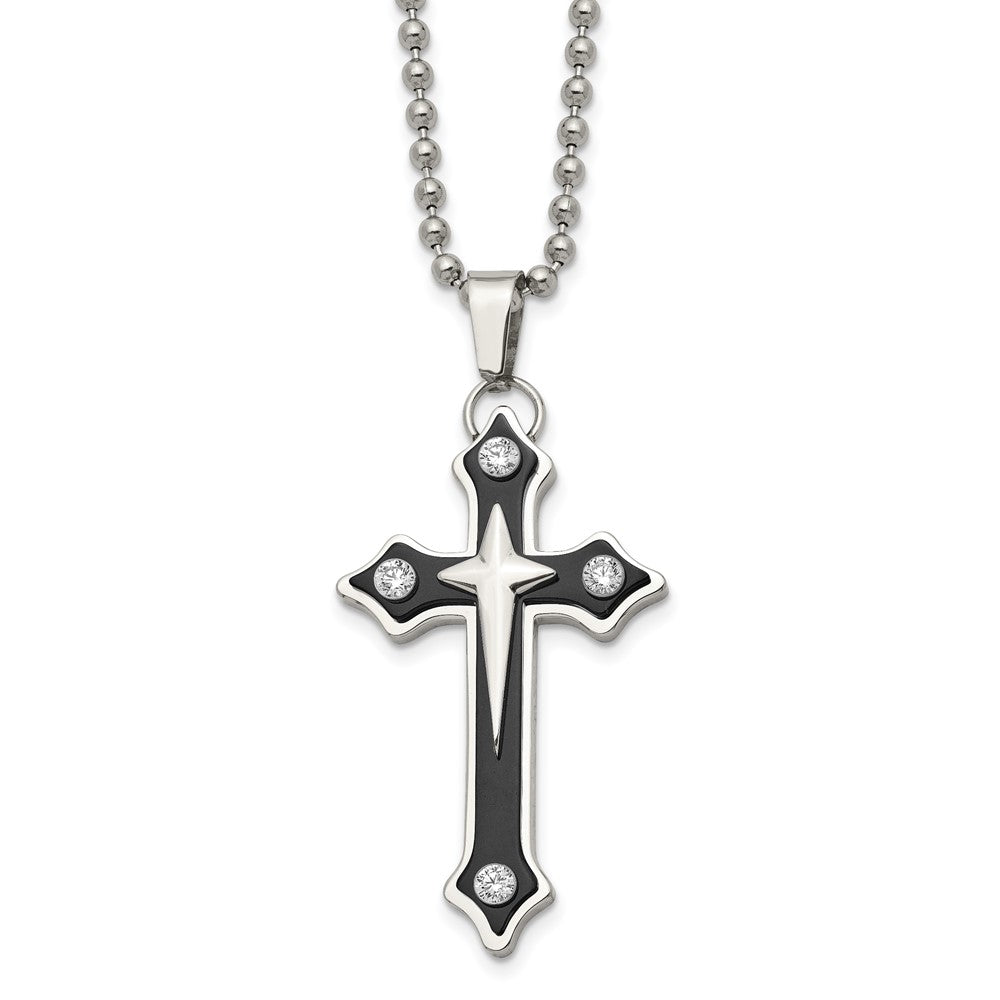 Chisel Stainless Steel Polished Black IP-plated with CZ Cross Pendant on a 20 inch Ball Chain Necklace, 20 x 28 mm