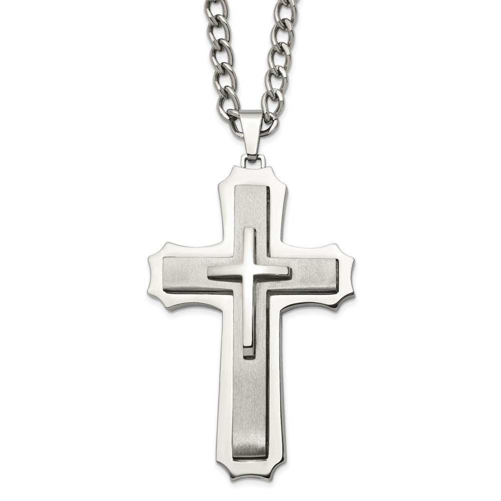 Chisel Stainless Steel Brushed and Polished Large Cross Pendant on a 24 inch Curb Chain Necklace, 24 x 55 mm