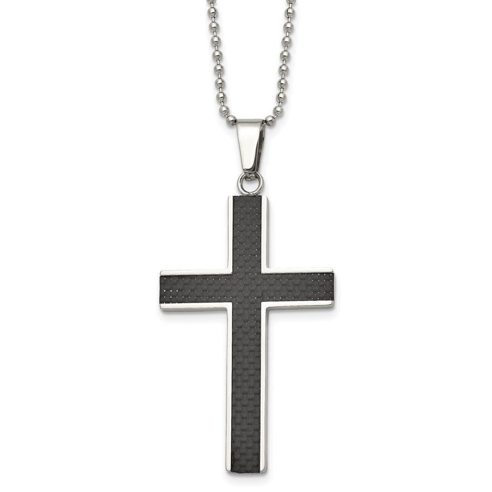 Chisel Stainless Steel Polished with Black Carbon Fiber Inlay Cross Pendant on a 22 inch Ball Chain Necklace, 22 x 32 mm