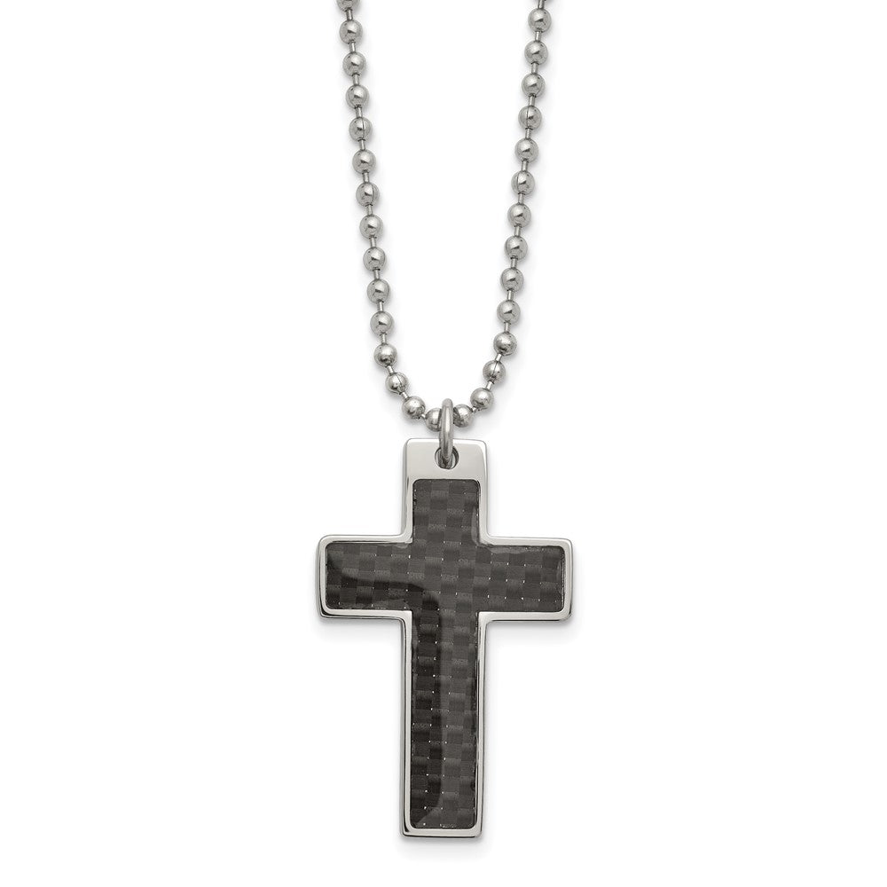 Chisel Stainless Steel Polished with Black Carbon Fiber Inlay Cross Pendant on a 20 inch Ball Chain Necklace, 20 x 21 mm