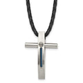 Chisel Stainless Steel Brushed and Polished Blue IP-plated Cable Cross Pendant on an 18 inch Leather Cord Necklace, 18 x 25 mm