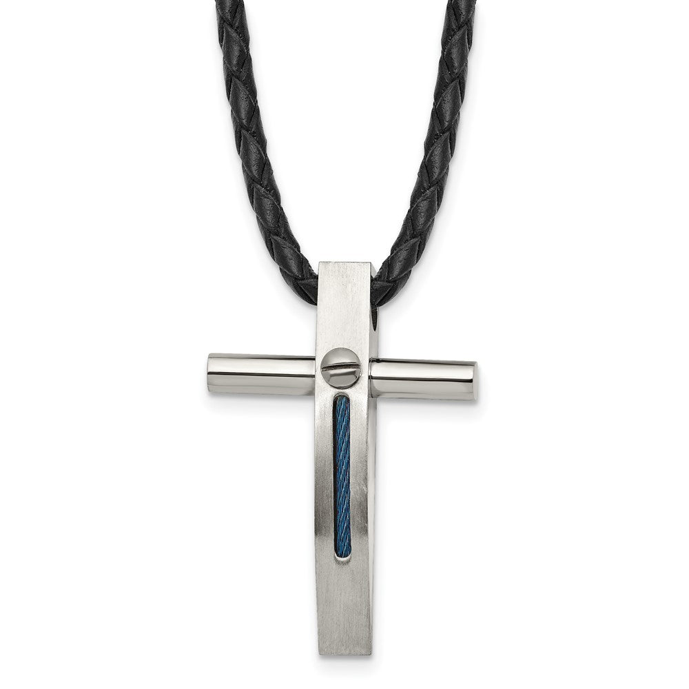 Chisel Stainless Steel Brushed and Polished Blue IP-plated Cable Cross Pendant on an 18 inch Leather Cord Necklace, 18 x 25 mm