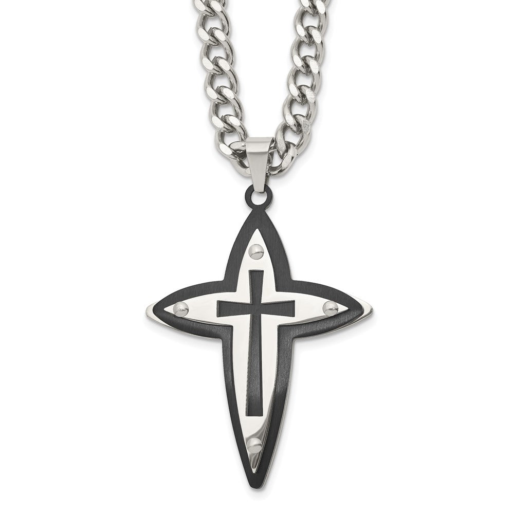 Chisel Stainless Steel Polished Black IP-plated Cross Pendant on a 22 inch Curb Chain Necklace, 22 x 42 mm