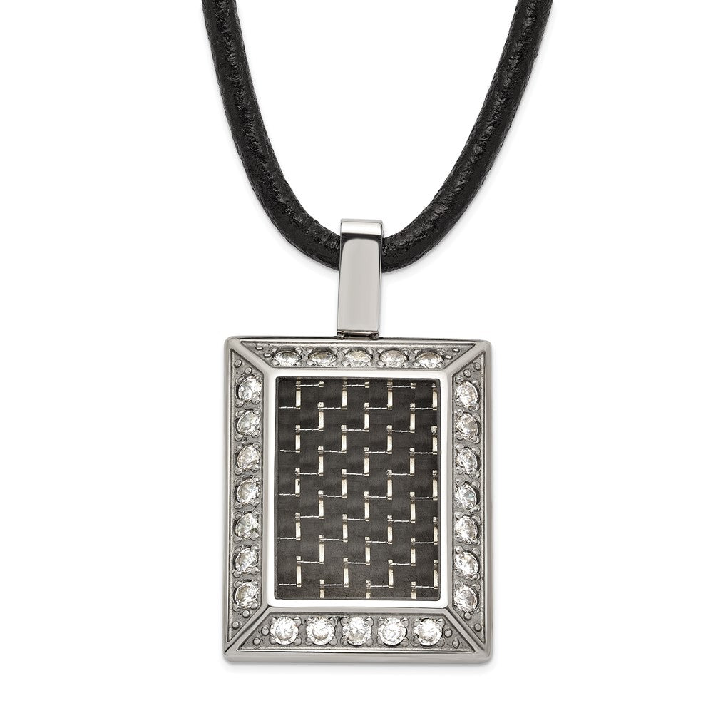 Stainless Steel Gold-tone & Black Carbon Fiber CZ Necklace, 22 x 24 mm