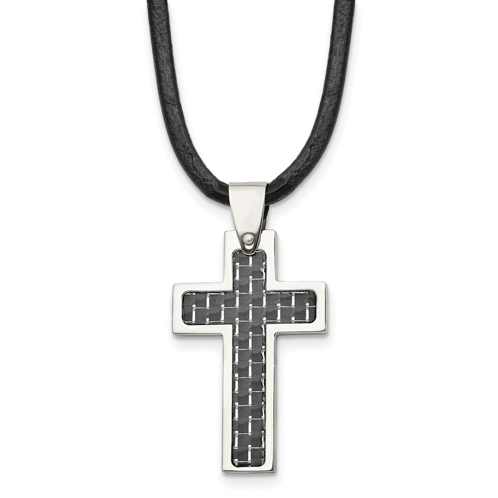 Chisel Stainless Steel Polished with Black Carbon Fiber Inlay Cross Pendant on an 18 inch Leather Cord Necklace, 18 x 20 mm