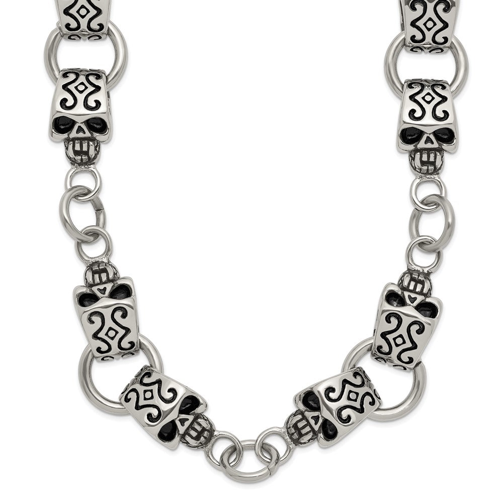 Chisel Stainless Steel Antiqued and Polished Skull 24 inch Necklace, 24 x 12 mm