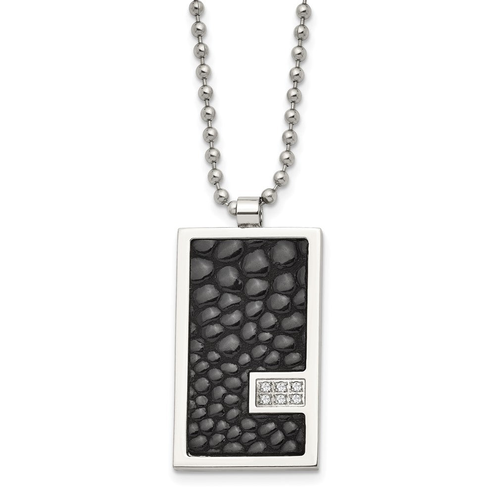 Chisel Stainless Steel Polished Stingray Texture Imitation Leather 1/10 carat Diamond Pednant on a 24 inch Ball Chain Necklace, 0.1 ct, 24 x 22 mm