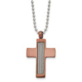 Chisel Stainless Steel Brushed Brown IP-plated with Cable Inlay Cross Pendant on a 24 inch Ball Chain Necklace, 24 x 25 mm