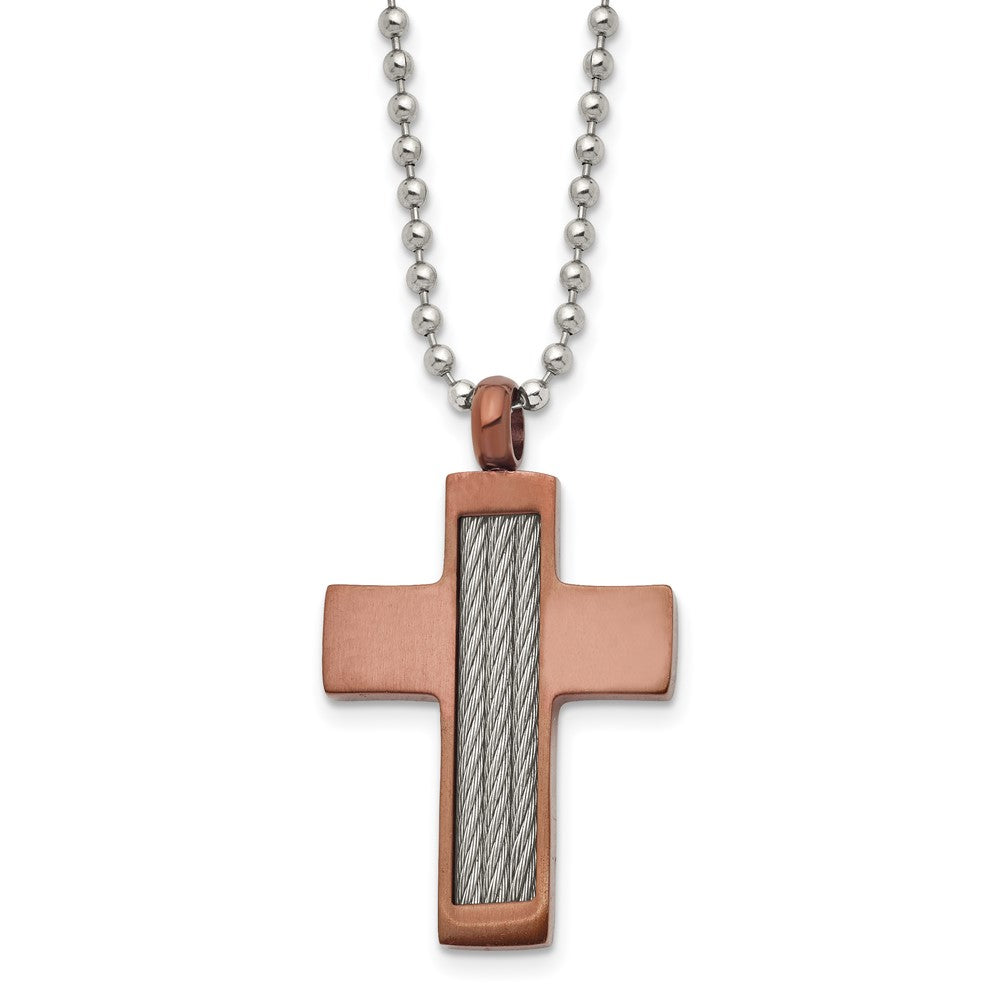 Chisel Stainless Steel Brushed Brown IP-plated with Cable Inlay Cross Pendant on a 24 inch Ball Chain Necklace, 24 x 25 mm