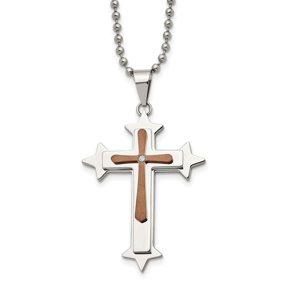 Chisel Stainless Steel Polished Brown IP-plated Diamond Accent Cross Pendant on a 24 inch Ball Chain Necklace, 0.015 ct, 24 x 32 mm