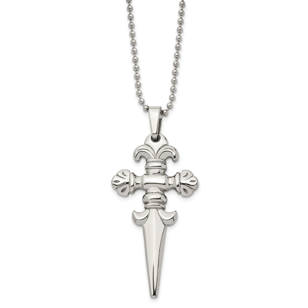 Chisel Stainless Steel Polished Dagger Pendant on a 24 inch Ball Chain Necklace, 24 x 31 mm