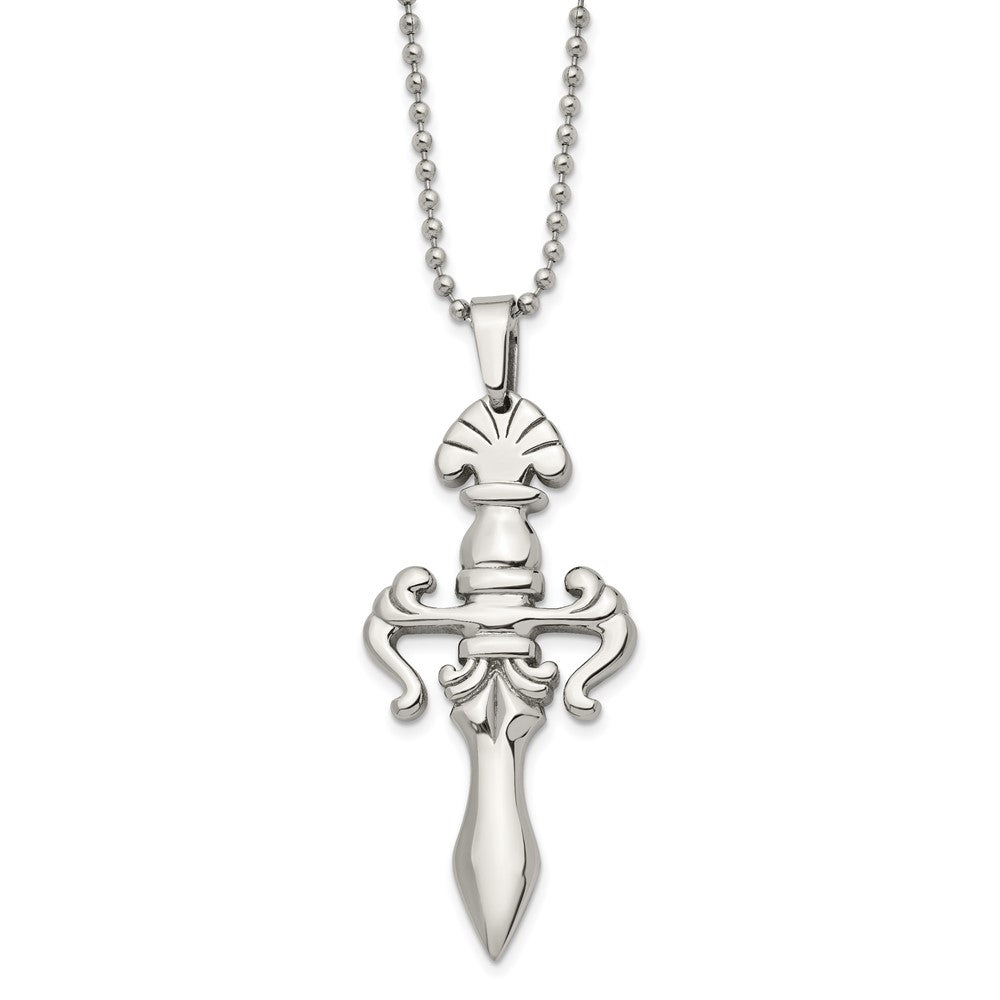 Chisel Stainless Steel Polished Dagger Pendant on a 24 inch Ball Chain Necklace, 24 x 30 mm