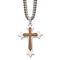 Chisel Stainless Steel Polished Brown IP-plated Cross Pendant on 24 inch Double Ball Chain Necklace, 24 x 35 mm