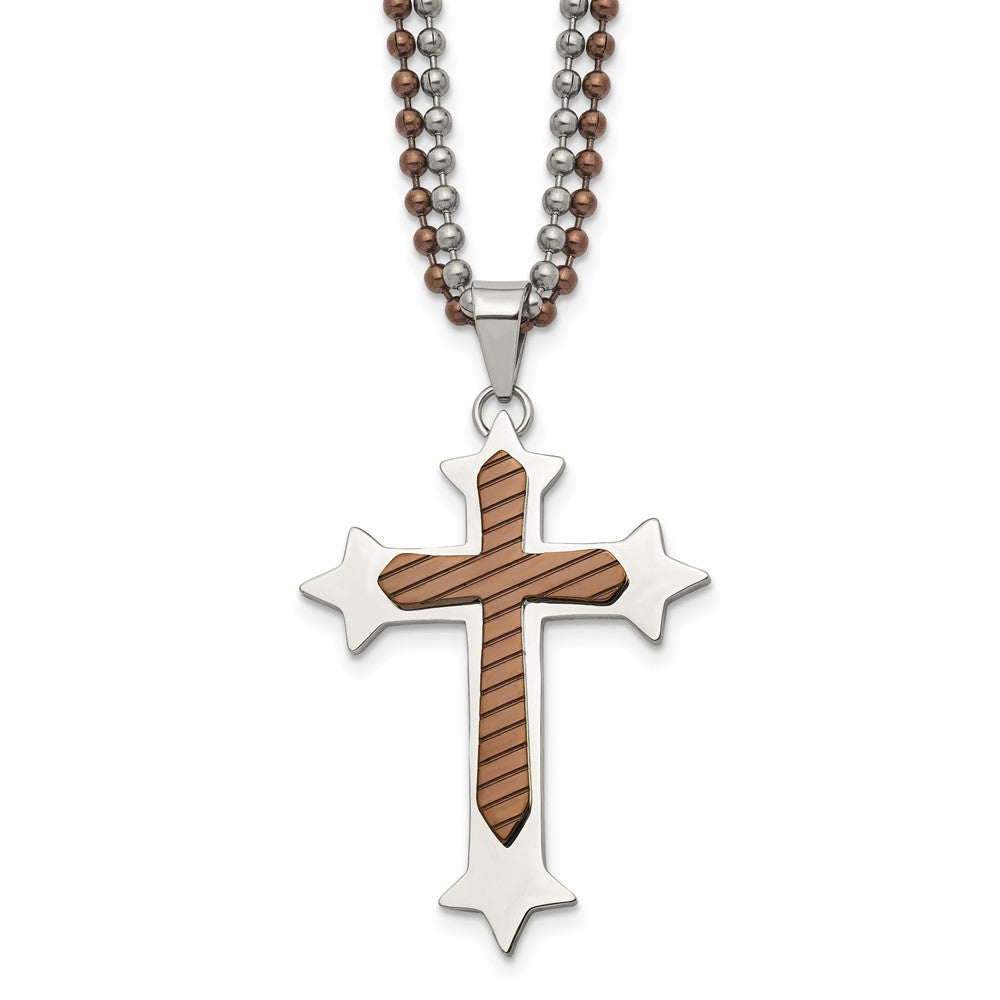 Chisel Stainless Steel Polished Brown IP-plated Cross Pendant on 24 inch Double Ball Chain Necklace, 24 x 35 mm